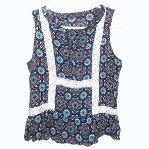 Suzy Shier Boho Floral Tank Top Lace Trim Sleeveless Blouse